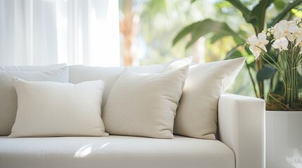 pillow sofa in living area closeup home interior design creative concept warm and cosy decorate contemporary house interior background beige sofa fabric furnish beautiful hose background