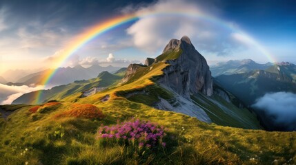 Beautiful landscape, Seceda Mountain on summer at dolomites, Italy, rainbow and sunset lighting - obrazy, fototapety, plakaty