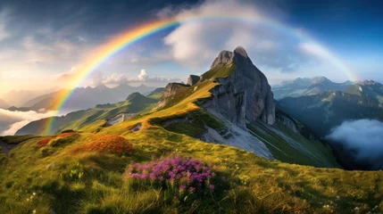 Foto op Canvas Beautiful landscape, Seceda Mountain on summer at dolomites, Italy, rainbow and sunset lighting © ETAJOE