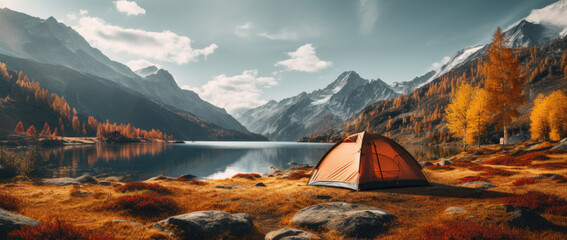 camping scene with tent on beautiful mountains and lake - obrazy, fototapety, plakaty
