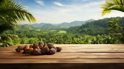 Old Wooden table with oil palm fruits and palm plantation in the background  - For product display montage of your products.