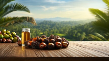 Old Wooden table with oil palm fruits and palm plantation in the background  - For product display montage of your products.