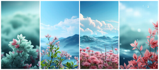 set of pink tone flower on blue background with 16:9 ration for phone screen