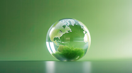 Glass globe earth on Green background with Copy space. Earth Day - Environment , Conservation Concept,save clean planet, ecology concept. Card for World Earth Day.