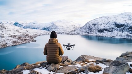 adult male man traveller using smartphone and remote control drone for taking aerial topview...