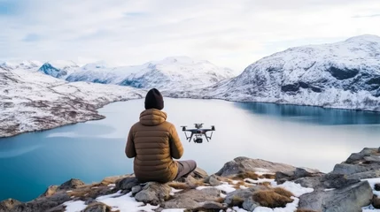 Deurstickers adult male man traveller using smartphone and remote control drone for taking aerial topview landscape photograph while travel vacation in snow mountain and ice lake winter time © VERTEX SPACE