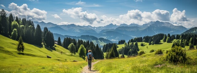 Man trekking on grassy road in mountains A footpath through the beautiful mountain hills during a sunny afternoon The hilly landscape is perfect for hiking. - obrazy, fototapety, plakaty