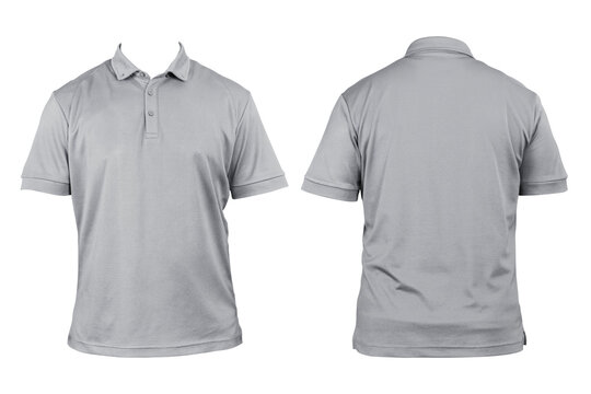 Blank clothing for design. Gray polo shirt, clothing on isolated white background, front and back view, isolated white, plain t-shirt. Mockup. Printable polo shirt design presentation.
