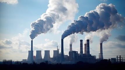 co2, Power plant with smoking chimneys on a background of blue sky.Factories release CO2 into the atmosphere.Concept of carbon trading market.Atmospheric pollution,air pollution concept - obrazy, fototapety, plakaty