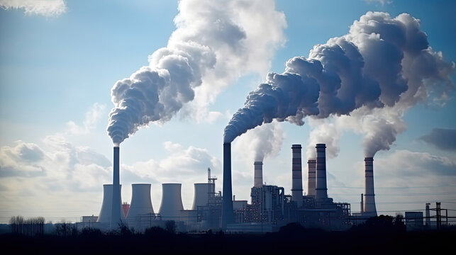 co2, Power plant with smoking chimneys on a background of blue sky.Factories release CO2 into the atmosphere.Concept of carbon trading market.Atmospheric pollution,air pollution concept