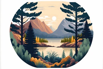 AI generated illustration of a beautiful landscape with a lake and mountains at sunset