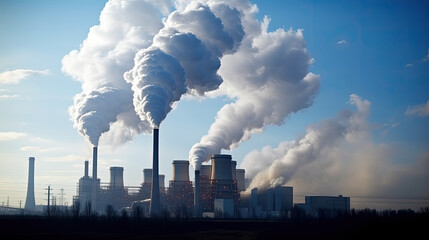 co2, Power plant with smoking chimneys on a background of blue sky.Factories release CO2 into the atmosphere.Concept of carbon trading market.Atmospheric pollution,air pollution concept - obrazy, fototapety, plakaty