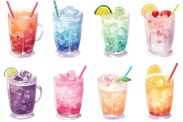 Collection of cute watercolor cocktails drink. Drinks for refreshment and party.