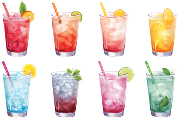 Collection of cute watercolor cocktails drink. Drinks for refreshment and party.