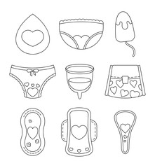 Gynecological feminine hygiene products. Coloring Page. Drop, panties, tampon, menstrual cup, female pad. Hand drawn style. Vector drawing. Collection of design elements.