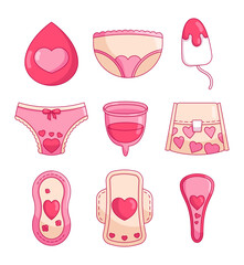 Gynecological feminine hygiene products. Drop, panties, tampon, menstrual cup, female pad. Hand drawn style. Vector drawing. Collection of design elements.