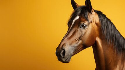 Portrait Of A Strong Brown Horse On A Yellow , Background Image, Hd - obrazy, fototapety, plakaty