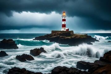 Lighthouse In Stormy Landscape. Storm waves over the Lighthouse