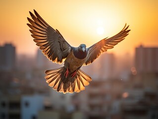 A man and a pigeon in flight against the background of the setting sun.Generated by AI.