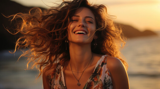 Portrait Of Calm Happy Smiling Free Woman, Background Image, Hd