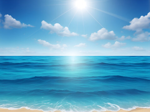 illustration blue sea landscape with sunlight, sunshine background, summer backdrop view