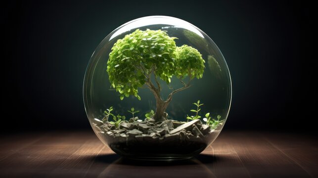 Green Environment in Glass Ball. Environment, green planet and ecology concept.