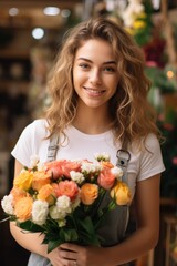 Fototapeta na wymiar A young beautiful woman sells flowers in a flower shop