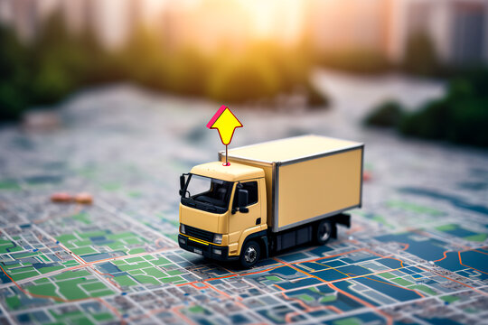 Top-down view of a moving truck with a cargo container tracked via GPS on a map. Bright image. 