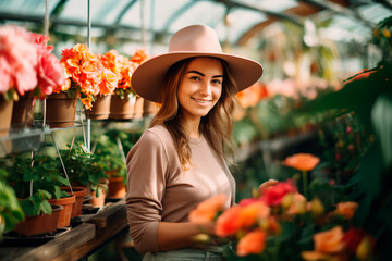 Bright image of a young european female florist and gardener posing in a greenhouse, embodying a small business owner in a charming flower shop.
Bright image. 