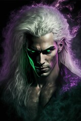 AI generated illustration of a man with green neon eye color and long gray hair