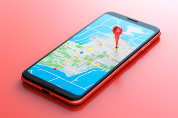 Smartphone displaying a 3D map with pins, GPS, and navigation iconsillustrating mobile technology for tracking, delivery, and transportation.  