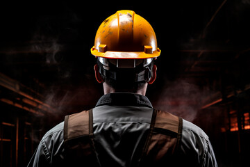 Fototapeta premium Close-up rear view of a construction worker in a safety helmet. Bright and focused image. 