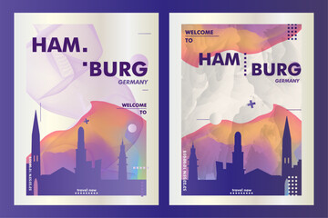 Germany Hamburg city poster pack with abstract skyline, cityscape, landmark and attraction. Saxony travel vector illustration layout set for vertical brochure, website, flyer, presentation