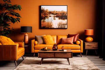 Beautiful retro living room with warm caramel autumn colors, offering interior design ideas and home decoration inspiration. Bright image.