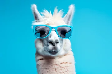 Deurstickers A white llama adds charm with its blue glasses.   © Uliana