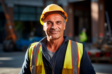 A middle-aged or older man working on a construction site, wearing a hard hat and work vest, with a smirking expression. Bright image. 
