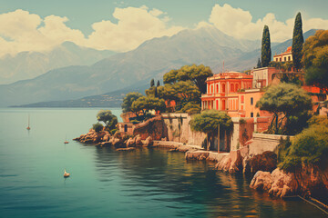 Vintage postcard depicting a retro Italian landscape, radiating sunny vibes reminiscent of the 1970s. Bright image. 