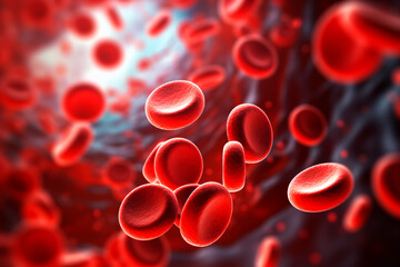 3D render depicting red blood cells in a vein with depth of field, showcasing the directional flow within a blood vessel. Bright image. 