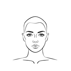 beautiful bald woman face shaved head portrait line drawing front view vector illustration