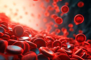3D render depicting red blood cells in a vein with depth of field, showcasing the directional flow within a blood vessel. Bright image.  - obrazy, fototapety, plakaty