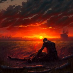 AI generated illustration of a tired warrior sitting alone on the battlefield after a war at sunset