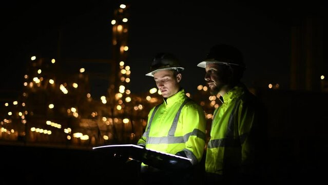 Engineer survey team wear uniform and helmet stand workplace checking blueprint project and radio communication inspection work construction site with night lights oil refinery background.