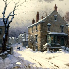 AI generated illustration of a winter snowy village with houses, leafless trees and foggy sky