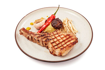 Pork chop steak (tomahawk) served with shimeji mushrooms, shiitake mushrooms, garlic and grilled...