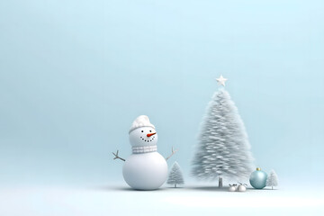 Obraz premium christmas tree decorations, santa claus with gifts, snowman in the snow, christmas gift boxes 