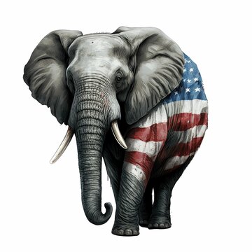 AI generated illustration of an elephant with the US flag on its body isolated on a white background