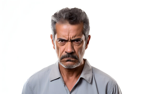 Sulking mature Latin American man, head and shoulders portrait on white background. Neural network generated photorealistic image. Not based on any actual person or scene.