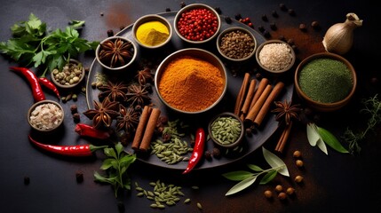 Obraz na płótnie Canvas spices and herbs on wooden table generated by AI