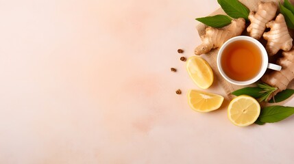 Obraz na płótnie Canvas Ginger tea. Cup of ginger tea with lemon, honey and mint on beige background. Concept alternative medicine, natural homemade remedy for cold and flu. Top view. Free space for your text.