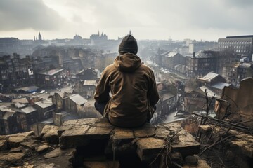 Parkour expert taking a moment of rest on a rooftop, looking out over the cityscape, Generative AI